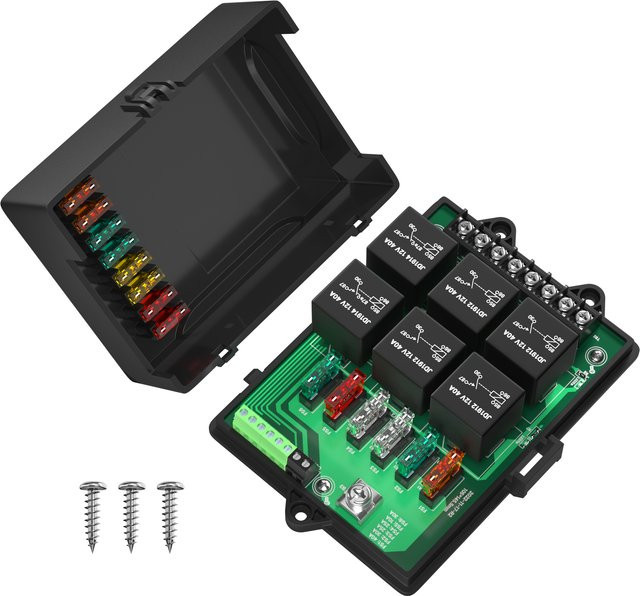 Daiertek Universal-Sicherungspanel 12V in Schwarz mit 6 Relais und 14 ATC/ATO Flachsicherungen für Kraftfahrzeuge - Bild 1