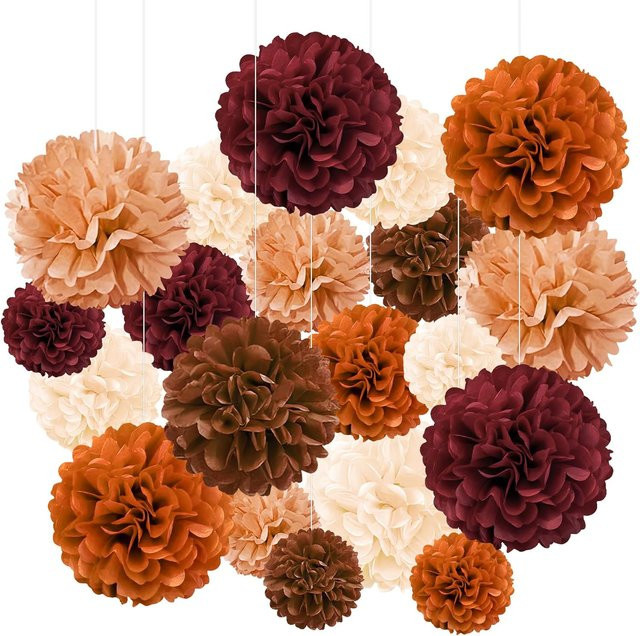 20 Stück Seidenpapier-Pompons als hängende Papierblumenkugeln in Burgunderrot, Orange und Braun für deine Party-Dekoration - Bild 1