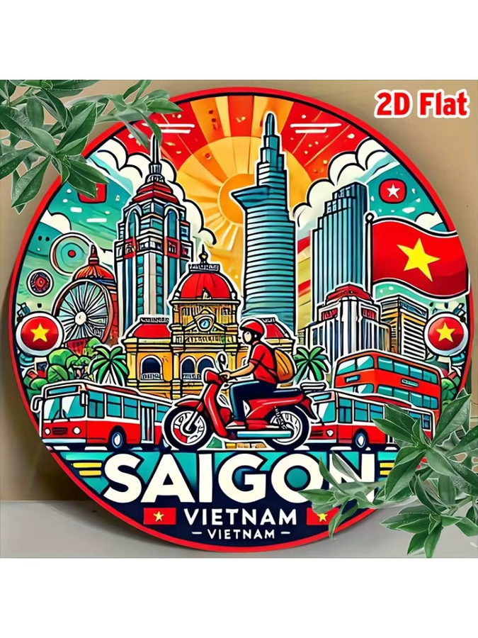 Potdemiel Metallschild Ho Chi Minh City Vietnam Retro Vintage Stadtbild Kunst, runde Aluminium-Wanddekoration, Durchmesser: 20,3 cm, Mehrfarbig - Bild 4