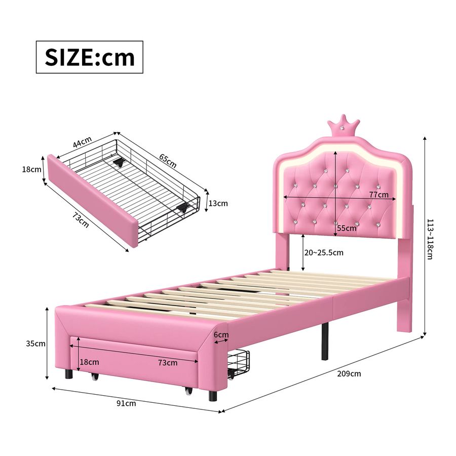 MGMYM Kinderbettgestell mit Aufbewahrungsschubladen und LED-Licht in Weiß, B/T/H: 90 x 200 cm, mit höhenverstellbarem Kopfteilkrone und PU-Bezug - Bild 2