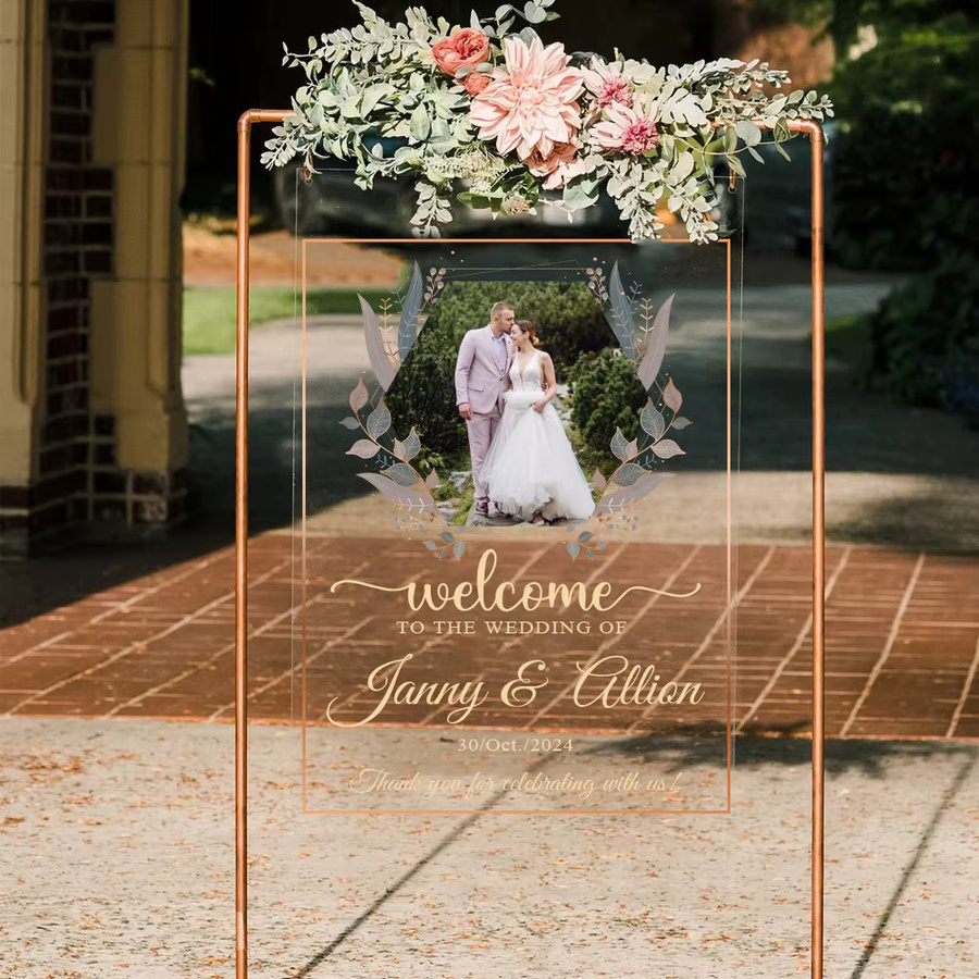 Personalisiertes Acryl-Hochzeitsschild Welcome to Wedding mit Foto, Name und Datum, transparente Tischdekoration für Hochzeit, Geburtstag oder Verlobung, rechteckig - Bild 2
