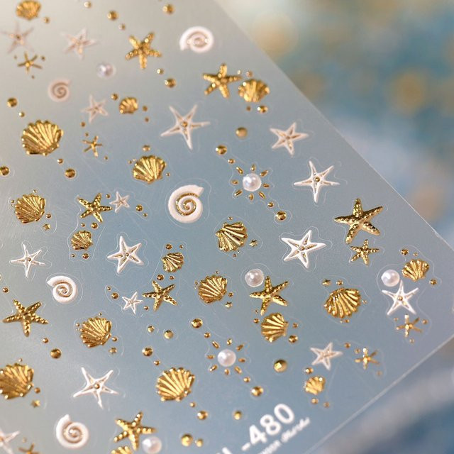 Rhstoe Nagelkunst-Aufkleber, Ozean-Thema, Goldener Seestern, Muschel, Weiße Perle - Bild 1