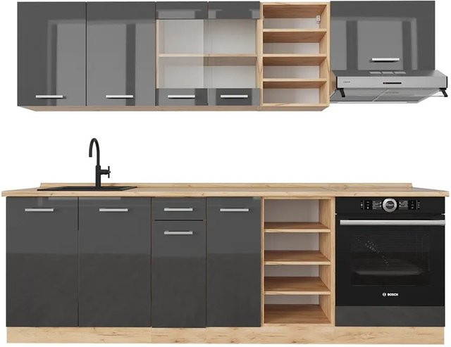 Vicco R-Line Küchenzeile Anthrazit Hochglanz und Goldkraft Eiche, Breite: 240 cm - Bild 1