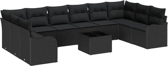 vidaXL Garten-Sofa-Set aus Poly-Rattan in Schwarz, 11-teiliges U-Shape Set mit Kissen und Tisch - Bild 1
