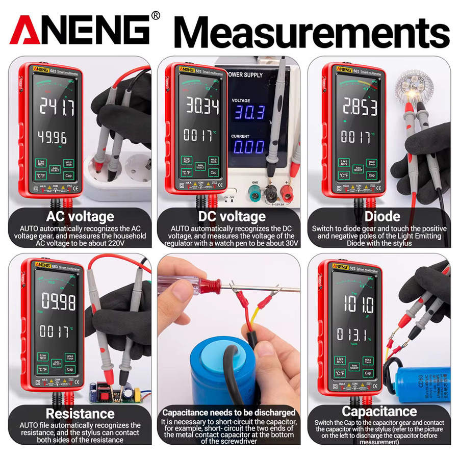 ANENG 683 Smart Multimeter mit Touchscreen, wiederaufladbar, 6000 Counts, AC/DC Spannungsprüfer und Strommessgerät in Rot - Bild 4