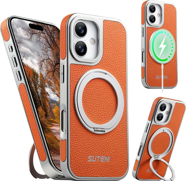 Magnetische Lichee-Leder Handyhülle mit 360 Grad drehbarem Ringhalter und Plating-Stand für Apple iPhone 17 Pro Max, 16 Plus, 15, 14, 13 in Orange - Bild 1