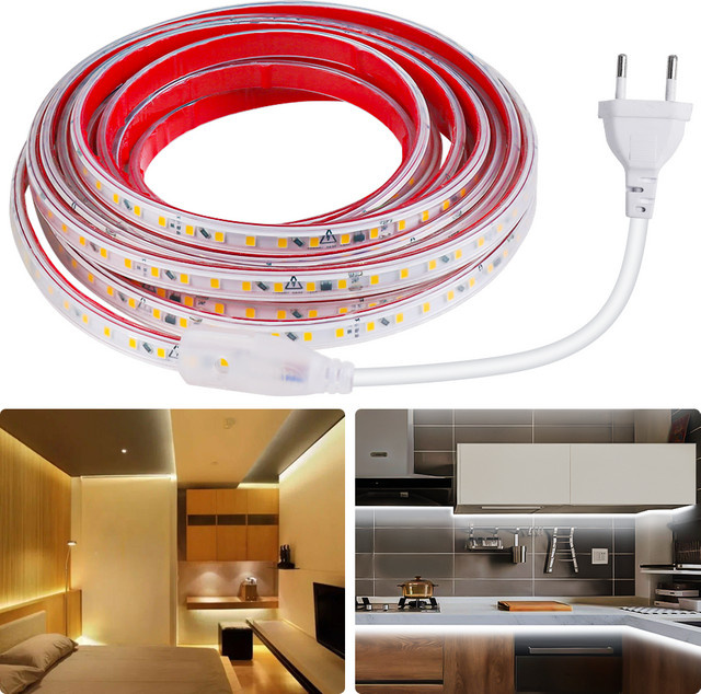 FastDeng LED-Streifen SMD2835 mit 120 LEDs/m, IP67 wasserdicht, weißes Klebeband für Haus und Garten, AC220V - Bild 1