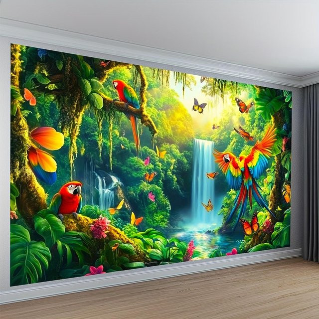 Tropischer Regenwald Wandteppich von JMG Household Supplies mit bunten Aras, Schmetterlingen und Wasserfall in der Farbe Multicolour, B/H: 230 x 180 cm - Bild 1