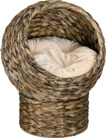 PawHut Katzenkorb aus Rattan als gemütliche Katzenhöhle mit Kissen, Haustierbett aus Wasserhyazinthe in Dunkelbraun, B/T/H: 42 x 33 x 52 cm