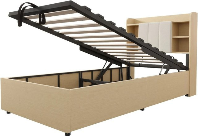 Merax Holzbett mit Hydraulik-Stauraum und USB-C Ladeport in Holzoptik, B/T/H: 90 x 200 x 44,7 cm - Bild 1
