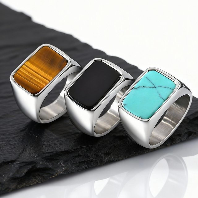 Herren-Ring Edelstahl, quadratischer Stein, minimalistisch - Bild 1