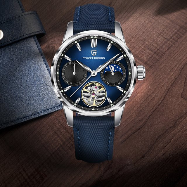 Pagani Design Armbanduhr, Automatik, Edelstahl, Blau, Mondphase, Herren - Bild 1