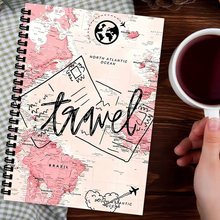 Spiral-Notizbuch Weltkarten-Reisetagebuch in Pink, A5 Softcover mit linierten Seiten aus Papier und Karton-Einband - Bild 2