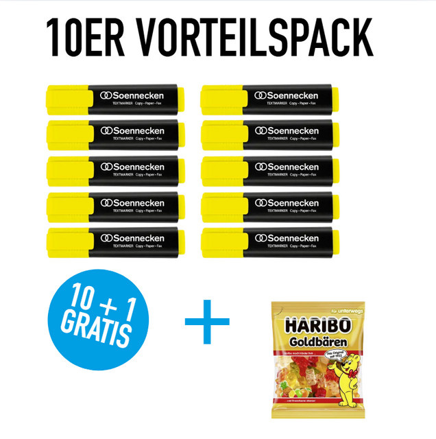 10x Soennecken Textmarker Gelb mit Keilspitze 2-5mm und 100 g Haribo Goldbären Fruchtgummi - Bild 1