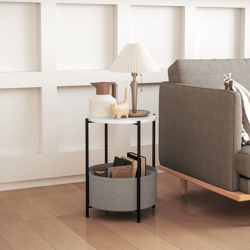 HOMCOM Beistelltisch mit Stoffkorb, runder Couchtisch mit Stauraum für Wohnzimmer und Schlafzimmer, Grau-Weiß, B/T/H: 44 x 44 x 56 cm - Bild 2