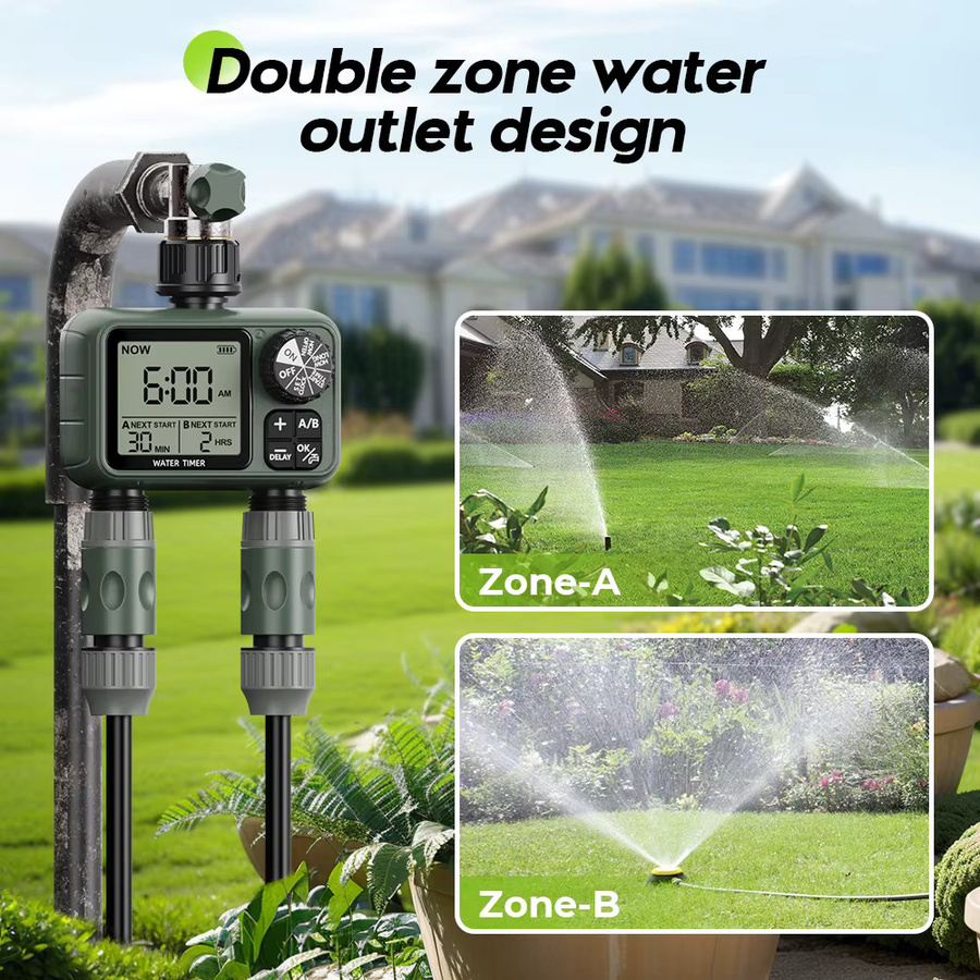 Eshico HCT-M26 2-Zonen-Wassertimer mit großem LCD-Display, Messinganschluss und Drehknopfbedienung, IPX5 wasserdichtes Gartengerät - Bild 2