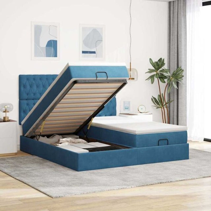 Vidaxl Ottoman Polsterbett mit Matratze und LED in Dunkelblau aus Samt, B/T/H: 160 x 200 x 128 cm - Bild 1