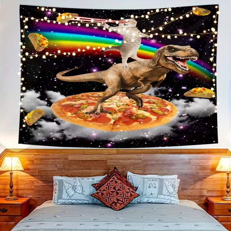 VIKAMA Fantasy Cartoon Wandteppich mit Tyrannosaurus Rex, Pizza und Regenbogen, Mehrfarbig, Breite: 60 cm, Höhe: 40 cm - Bild 3