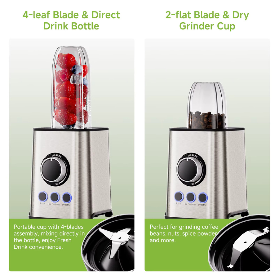 BioloMix 3-in-1 Smoothie-Mixer mit 1300W, persönlicher Mixer und Zerkleinerer mit Edelstahlklingen in Weiß und Silber - Bild 3