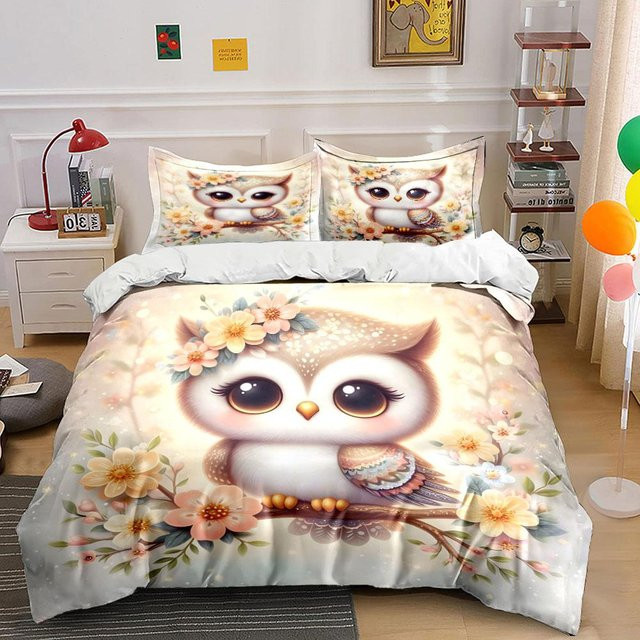 Bettwäsche Set Flylo mit Eulen- und Blumenmuster, 1 Bettbezug und 2 Kissenbezüge, Mikrofaser, Mehrfarbig, B/H: 180 x 210 cm - Bild 1