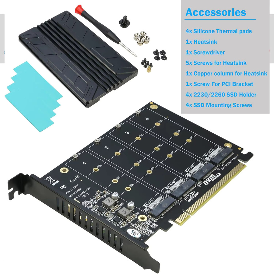 RIITOP 4-Port NVMe PCIe-Adapter zur Erweiterung von M.2 SSDs (2280/2260/2242/2230) mit Kühlkörper, Farbe: Schwarz - Bild 4