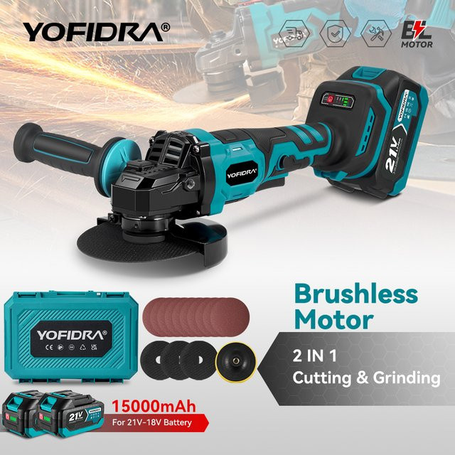 YOFIDRA 2in1 Bürstenloser Akku-Winkelschleifer mit 3 Gängen, 125 mm, kompatibel mit Makita LXT Batterien, zum Schleifen, Polieren und Schneiden - Bild 1
