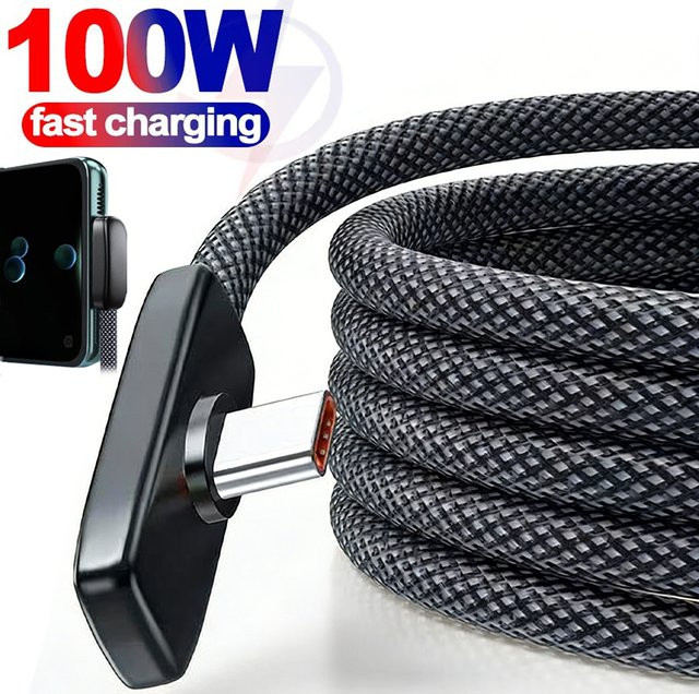 100W USB-C Schnellladekabel in Schwarz mit 90 Grad Winkel für Samsung, Xiaomi und Redmi Mobiltelefone - Bild 1