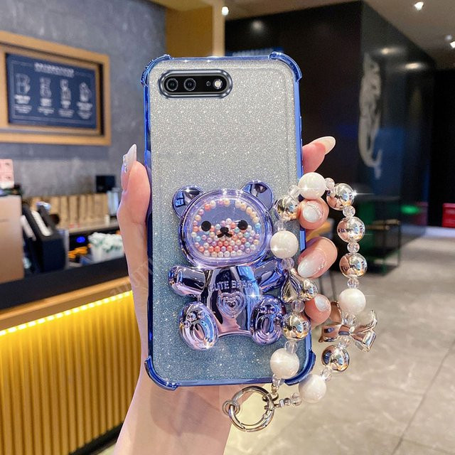 Glitzer Lazy Bear Handyhalter-Hülle mit Perlenarmband-Lanyard für Apple iPhone 8 Plus, 7, 6, 6s Plus und SE 2020 in Silber mit Standfunktion - Bild 1