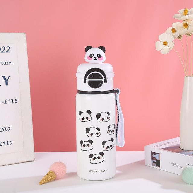 Yiran Furniture Panda-Thermoskanne für Kinder mit Doppel-Trinkhalm, isoliert, 500 ml, in Weiß, Pink, Silber oder Schwarz - Bild 1