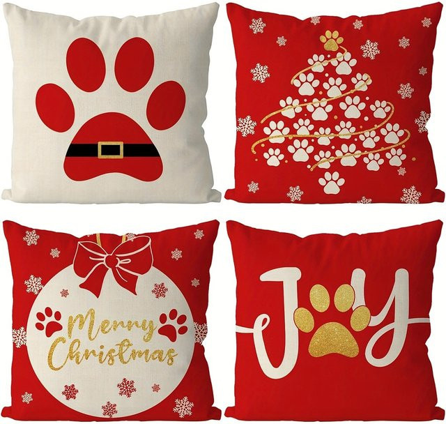 Weihnachtskissenbezüge aus Polyester mit Hundepfotenabdruck und Buchstabenmuster in Rot und Multicolour, B/T/H: 45 x 45 x 4 cm - Bild 1