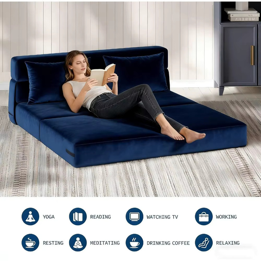 Garvee 2-in-1 Samt-Schlafsofa als 2-Sitzer mit 2 Kissen, ausziehbares Bodensofa mit abnehmbarem Waschbezug, Blau, B/T/H: 200 x 150 x 15 cm - Bild 5