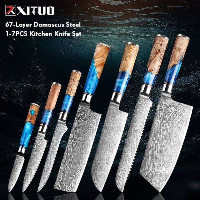 Xituo Japanisches Küchenmesser-Set aus Damaststahl mit blauem Harzgriff, 1-7-teilig - Bild 1