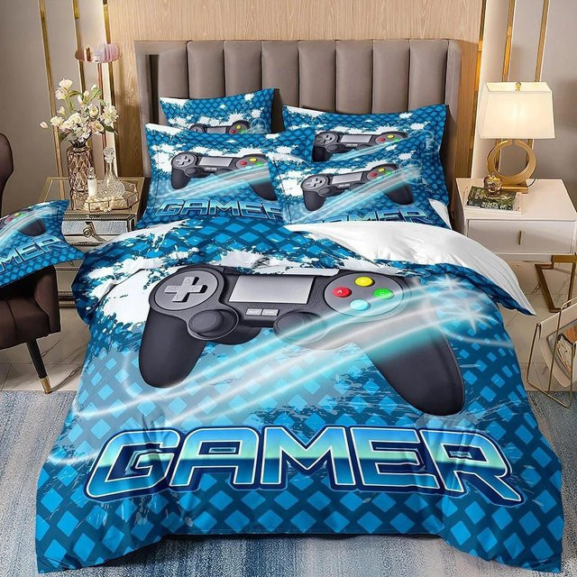 Binchi Fitness Gamer Bettwäscheset mit Videospiele-Design für Jungen und Teenager, Blau, 2-teilig, B/H: 70 x 133 cm - Bild 1