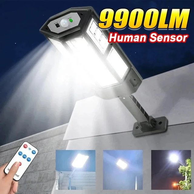 XIWANGFIRE Solar-LED-Außenleuchte in Schwarz mit Bewegungsmelder und 9900 Lumen, wasserdichte IP65 Gartenlampe für Hof, Straße und Wandmontage - Bild 1