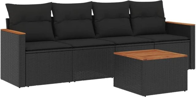 vidaXL 5-tlg Garten-Sofagarnitur in Schwarz mit Kissen aus Poly-Rattan und Metallgestell - Bild 1