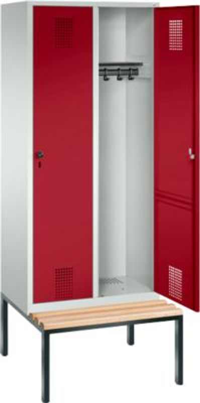 C + P Garderobenspind Evolo S 3000 aus Stahl mit integrierter Sitzbank, 2 Abteile mit je Breite: 40 cm, Sicherheitsdrehriegelverschluss, Farbe: lichtgrau RAL 7035 und rubinrot RAL 3003 - Bild 3