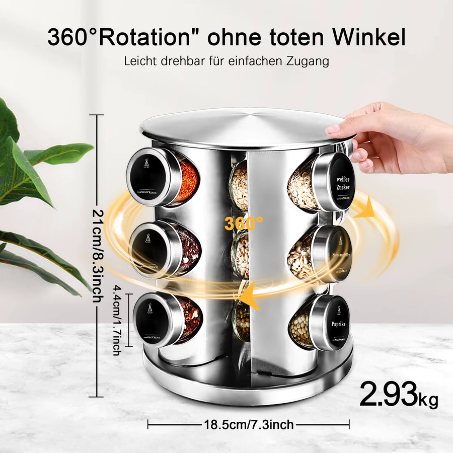 SAEIV Drehbarer Gewürzständer in Silber mit 12 Gewürzbehältern à 100 ml - Bild 3