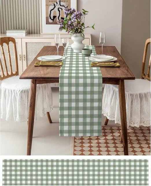 VIKAMA Tischläufer aus Leinen in Grün mit Karomuster, rustikale Farmhaus-Tischdekoration für Weihnachten und Feiertage, Länge: 150 cm - Bild 1