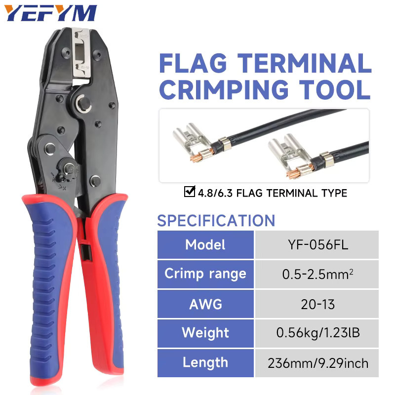 YEFYM Crimpzange YF-056FL für nicht isolierte Flaggen-Öffnungsklemmen 4,8/6,3 mm2, AWG 20-13 (0,5–2,5 mm2) - Bild 3