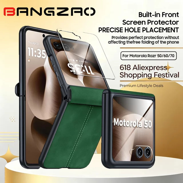 Motorola Moto Razr 50/60/70 Lederhülle mit magnetischem Scharnierschutz und 9H Displayschutz in Grün - Bild 1