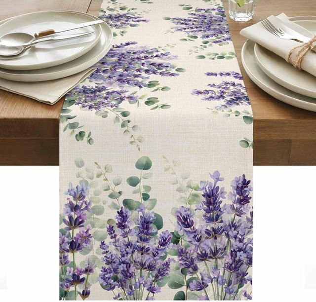 JMG Household Supplies Tischläufer aus Leinen mit Frühlings-Lavendel-Eukalyptus-Blättern in Grau, B/L: 150 x 33 cm - Bild 1