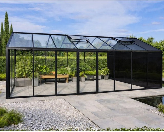 Bloomcabin Gewächshaus Klassik GHCSS7 in Schwarz mit integriertem Stauraum, Dachfenster und Belüftungssystem aus Aluminium und Sicherheitsglas