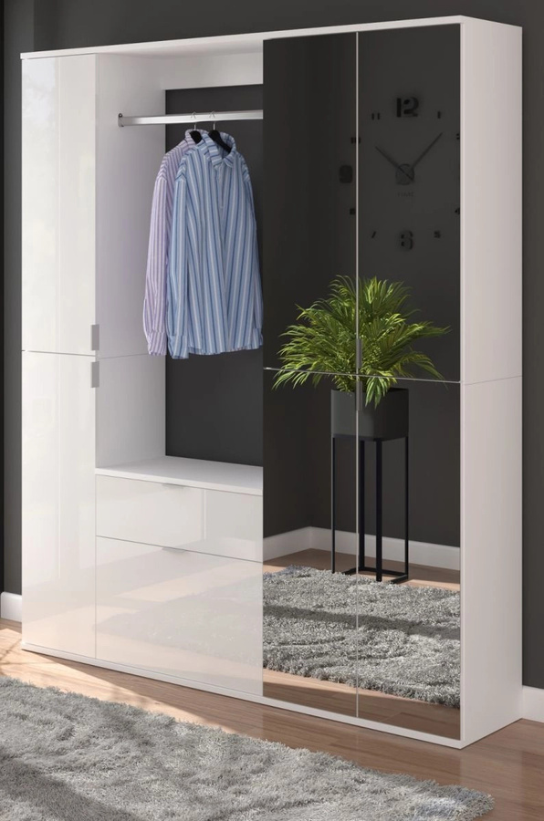 Garderobenschrank SystemX von Inn.Furn in Weiß Hochglanz mit Spiegel, Hosenregal und Einlegeböden, B/T/H: 152 x 34 x 193 cm - Bild 1