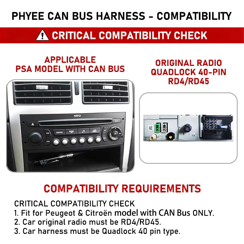 PHYEE CAN-Bus-Kabelbaum mit Decoder für Peugeot 207 208 308 und Citroen C3 C4, 40-Pin Quadlock-Adapter inklusive Lenkradfernbedienung und 16-Pin Android-Kabel - Bild 2