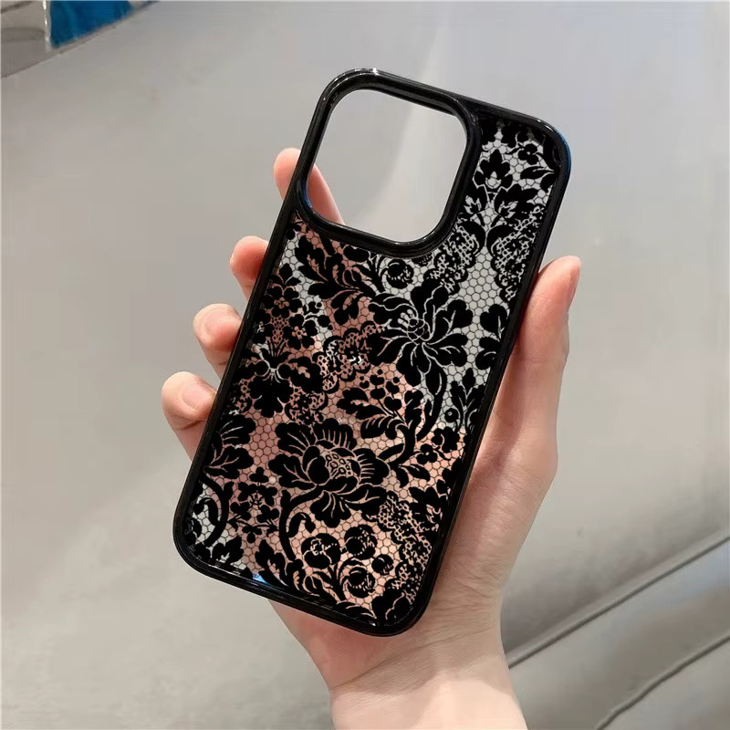 Transparente Vintage Blumen-Spitzen Handyhülle für iPhone (verschiedene Modelle), stoßfest, Schwarz oder Transparent - Bild 2
