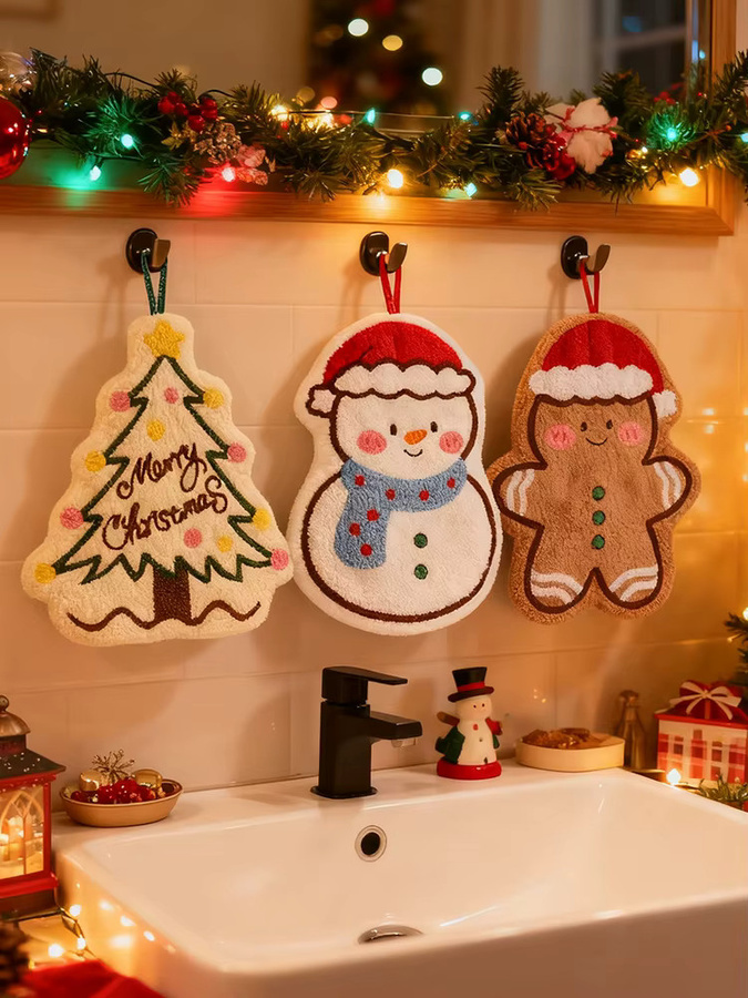ZQNYCY Weihnachten Fleece Handtuch mit Cartoon Lebkuchenmann und Schneemann in Multicolour für Küche und Badezimmer - Bild 6