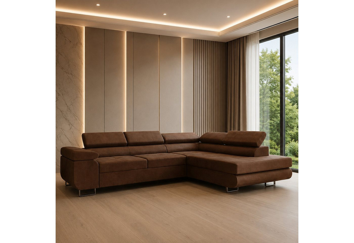 Goldstoff Ecksofa RIVIA mit Schlaffunktion und Bettkasten in Braun - Bild 1