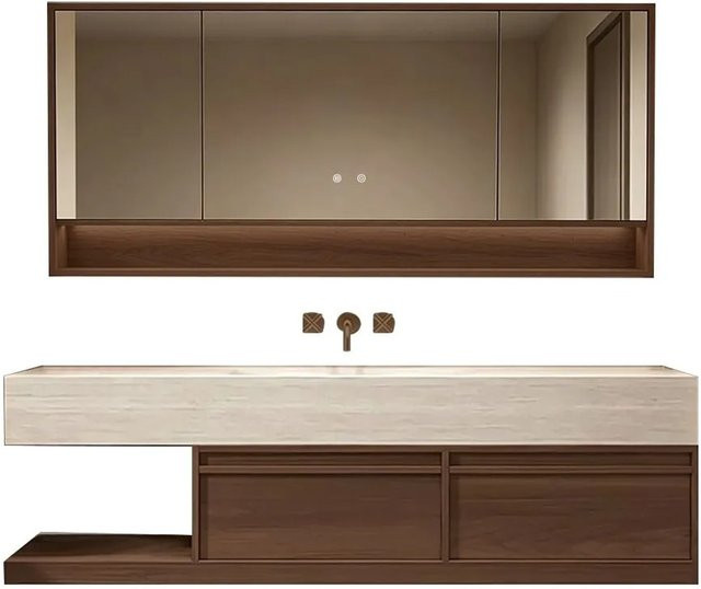 360Home Badmöbel Set mit Sinterstein Waschbecken in Braun, moderner Waschtisch mit Spiegelschrank und Seitenschrank, B: 140 cm, T: 55 cm, H: 70 cm - Bild 1
