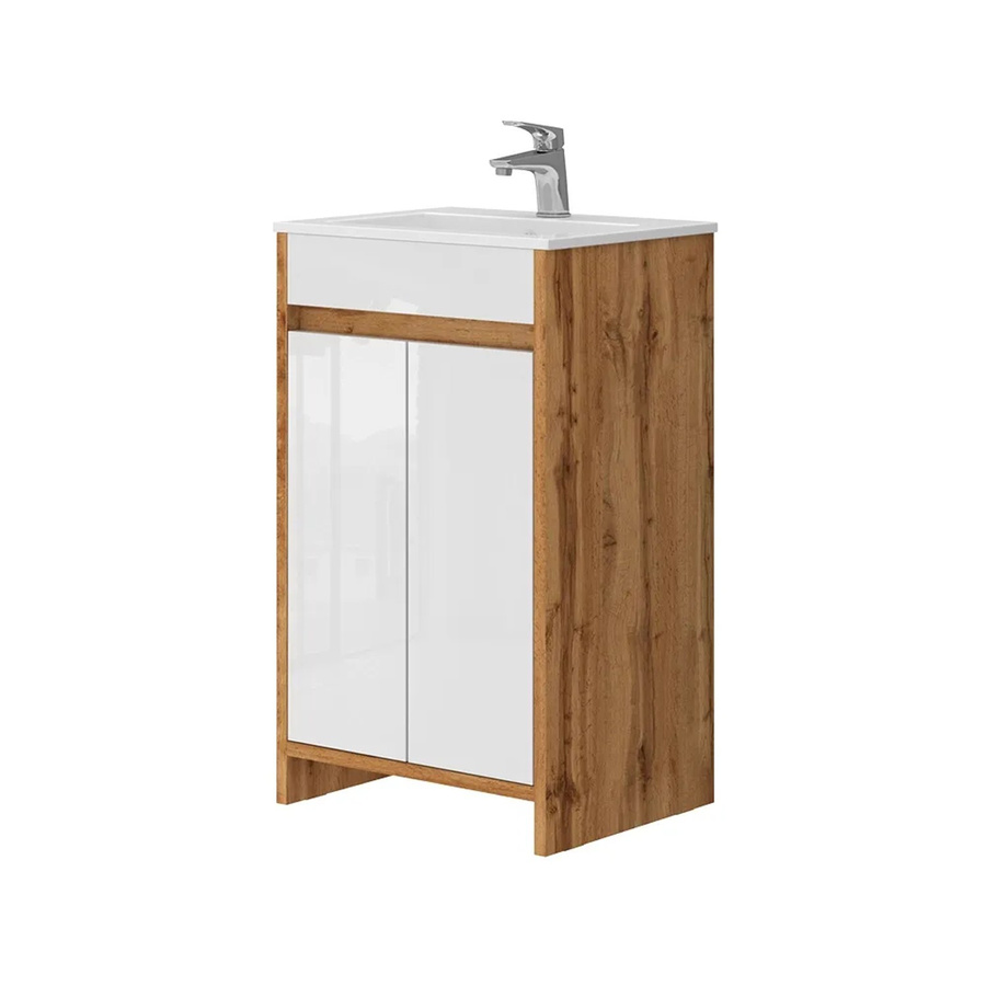 Vicco Badmöbel-Set Lemgo 2-teilig in Eiche Weiß Hochglanz mit Waschbecken und Waschtischunterschrank mit Flügeltüren - Bild 3