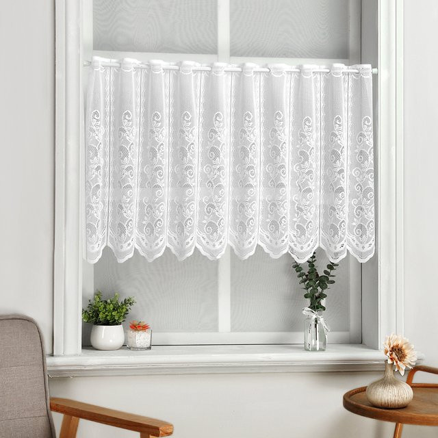 Kurzer Vorhang mit Spitzen-Blumenmuster in Weiß, transparenter Volant im Shabby Chic Stil für Fenster und Türen, Breite: 90 cm, Höhe: 100 cm - Bild 1